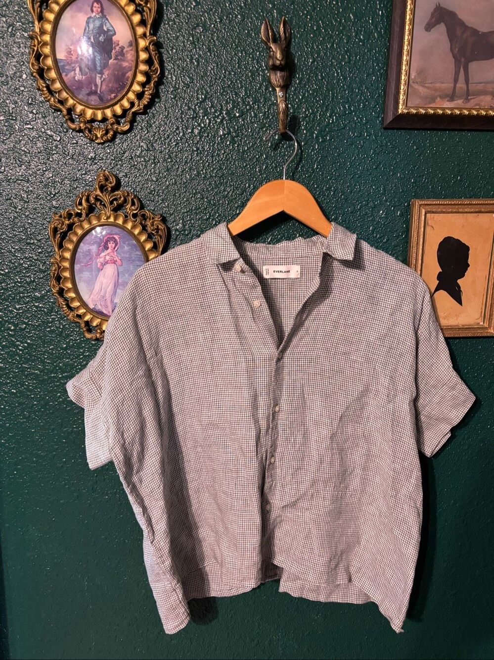 Everlane The Boxy Button Up Top European Linen Green White Gingham Sz 6